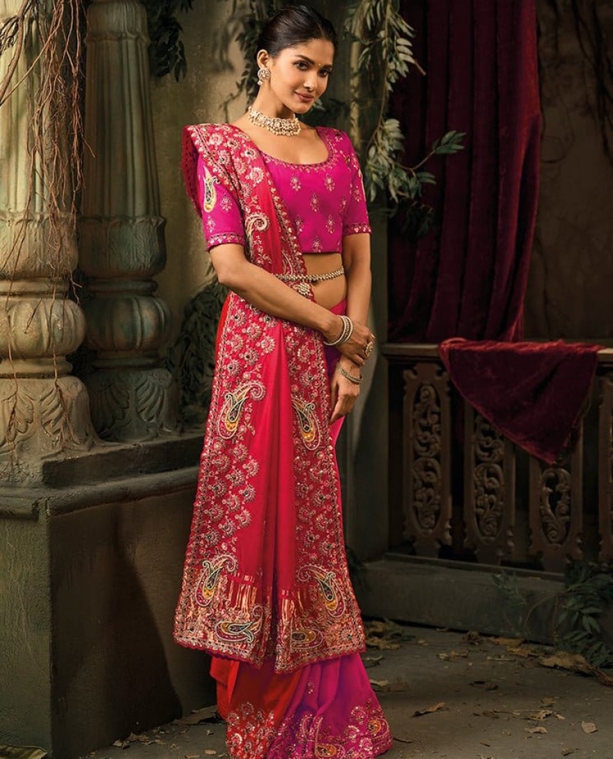 PINK - Pink Red Designer Embroidered Silk Saree with Heavy Border